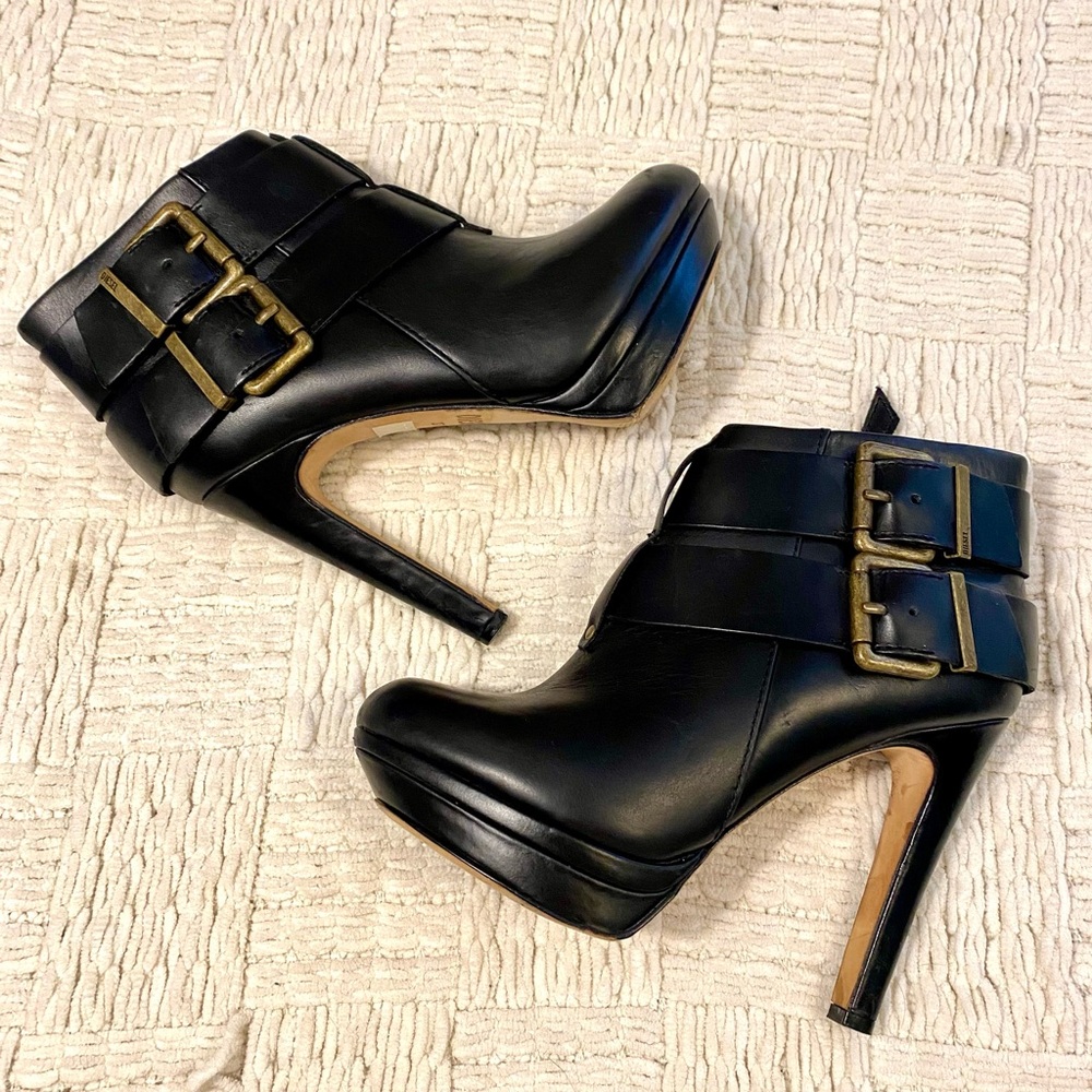 Diesel Black High Heel Ankle Boots with Gold Brass Buckle Details